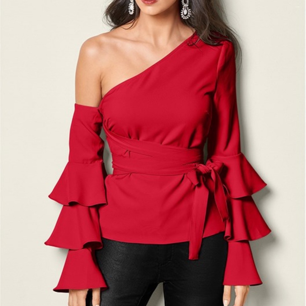 NEW 4 VENUS Red Tie Off Shoulder Blouse Christmas Valentine 💕